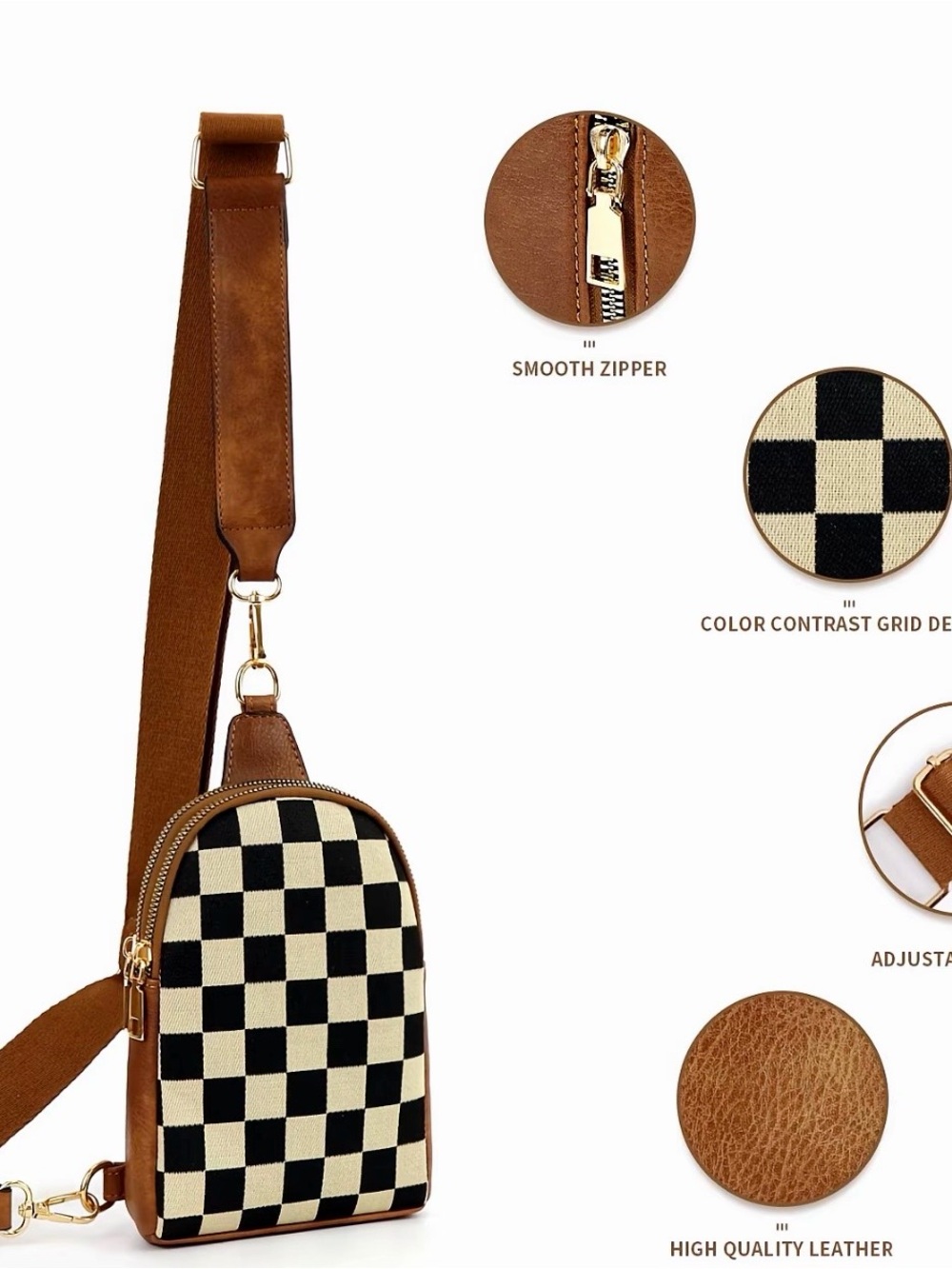 Leather Crossbody Sling Bag - Black & Cream Checker
